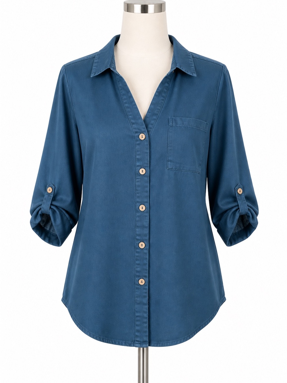 Casual Blue Button-Down Roll-Sleeve Shirt, Size L
